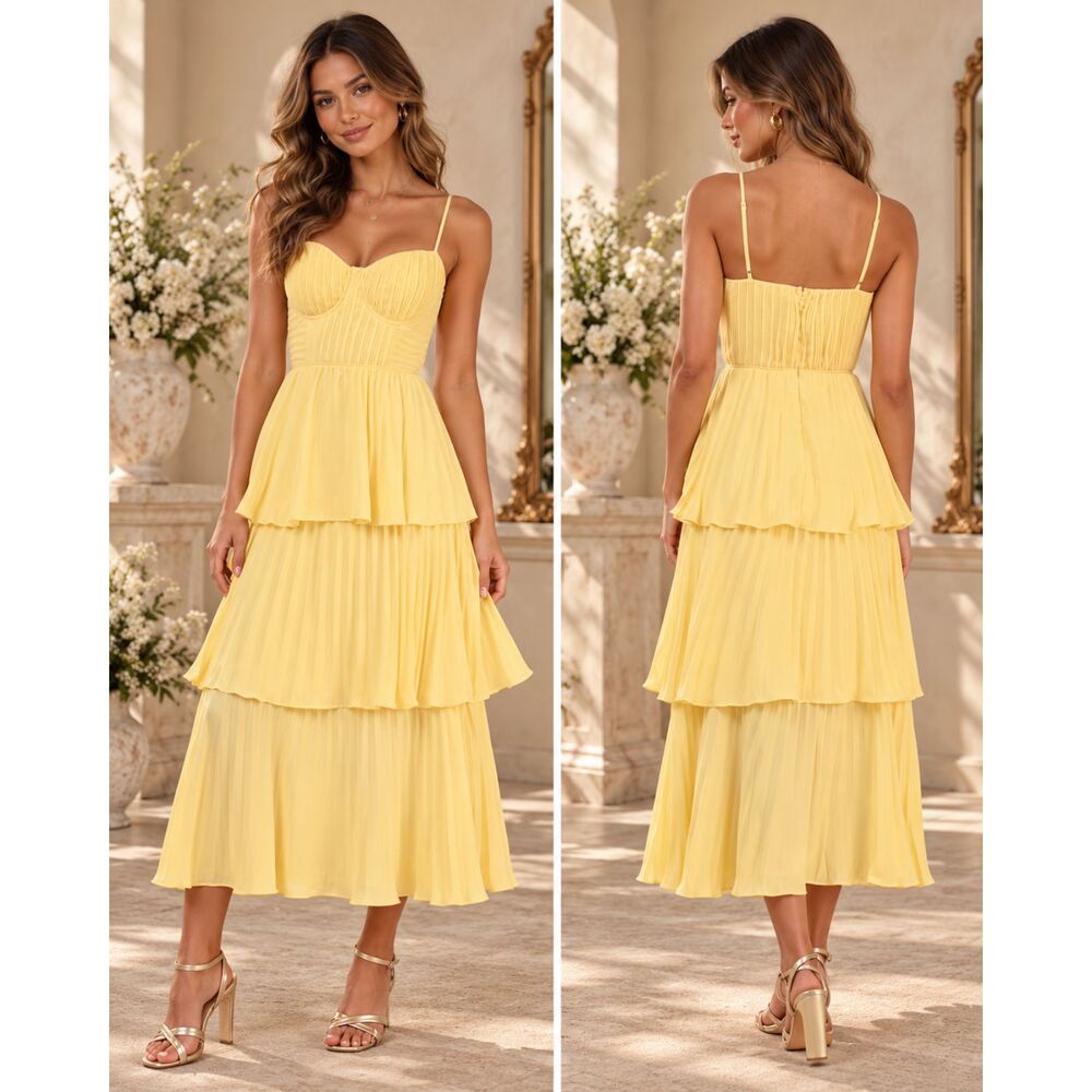 Lulus Cascading Crush Midi Dress Yellow Tiered Bustier Size L NWT Cottagecore